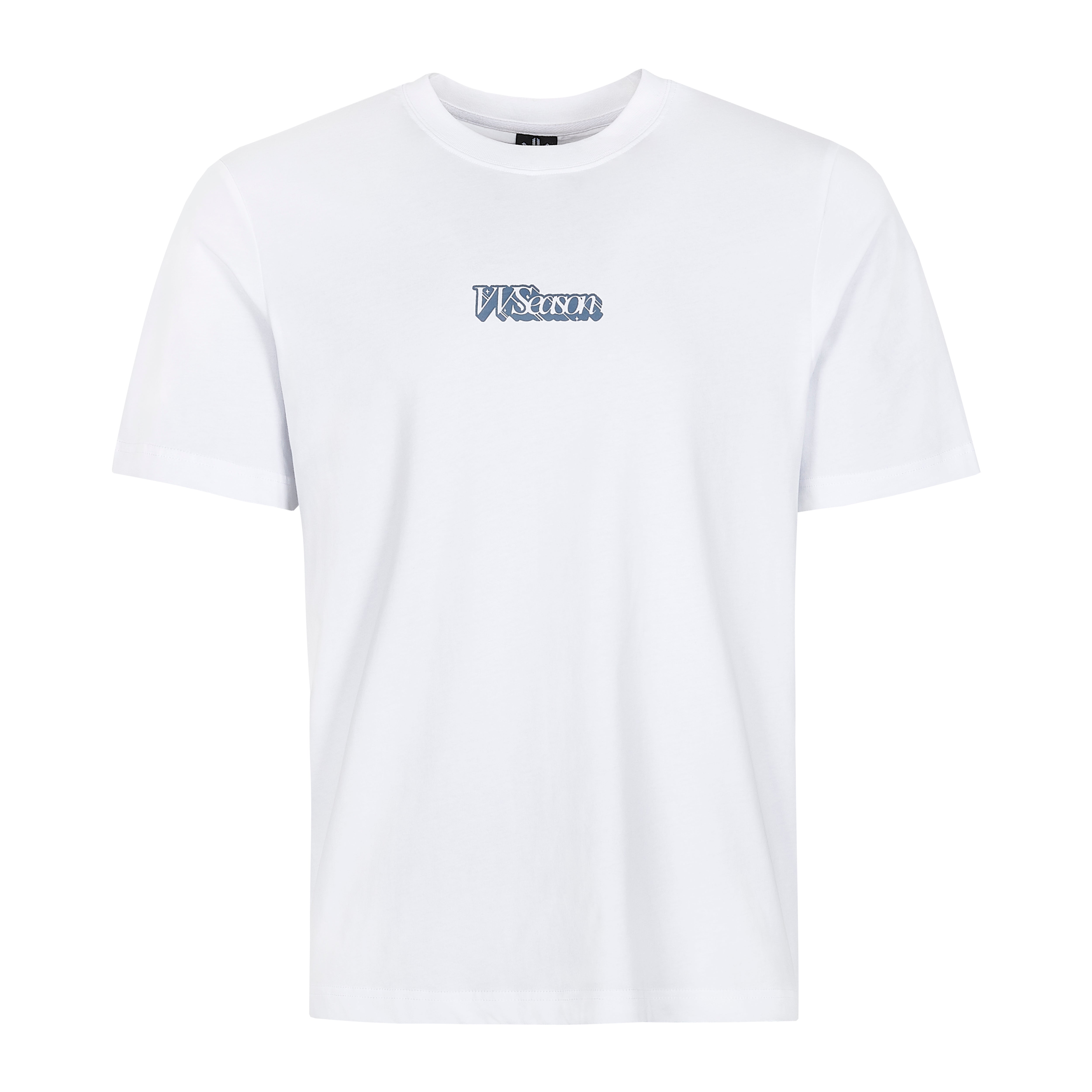 White Tee Blue Tagged Logo