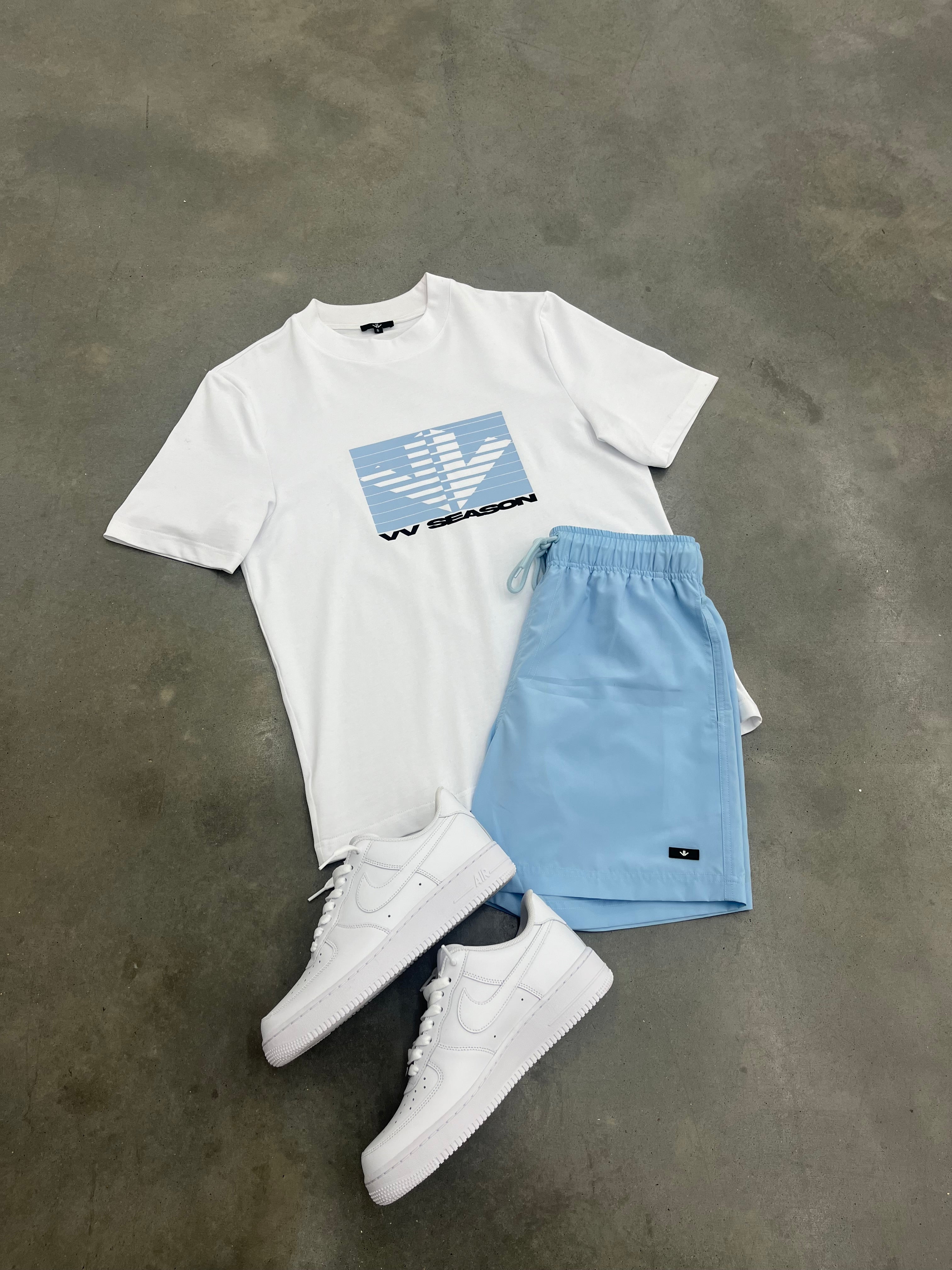 White Tee Baby Blue Shutter Logo