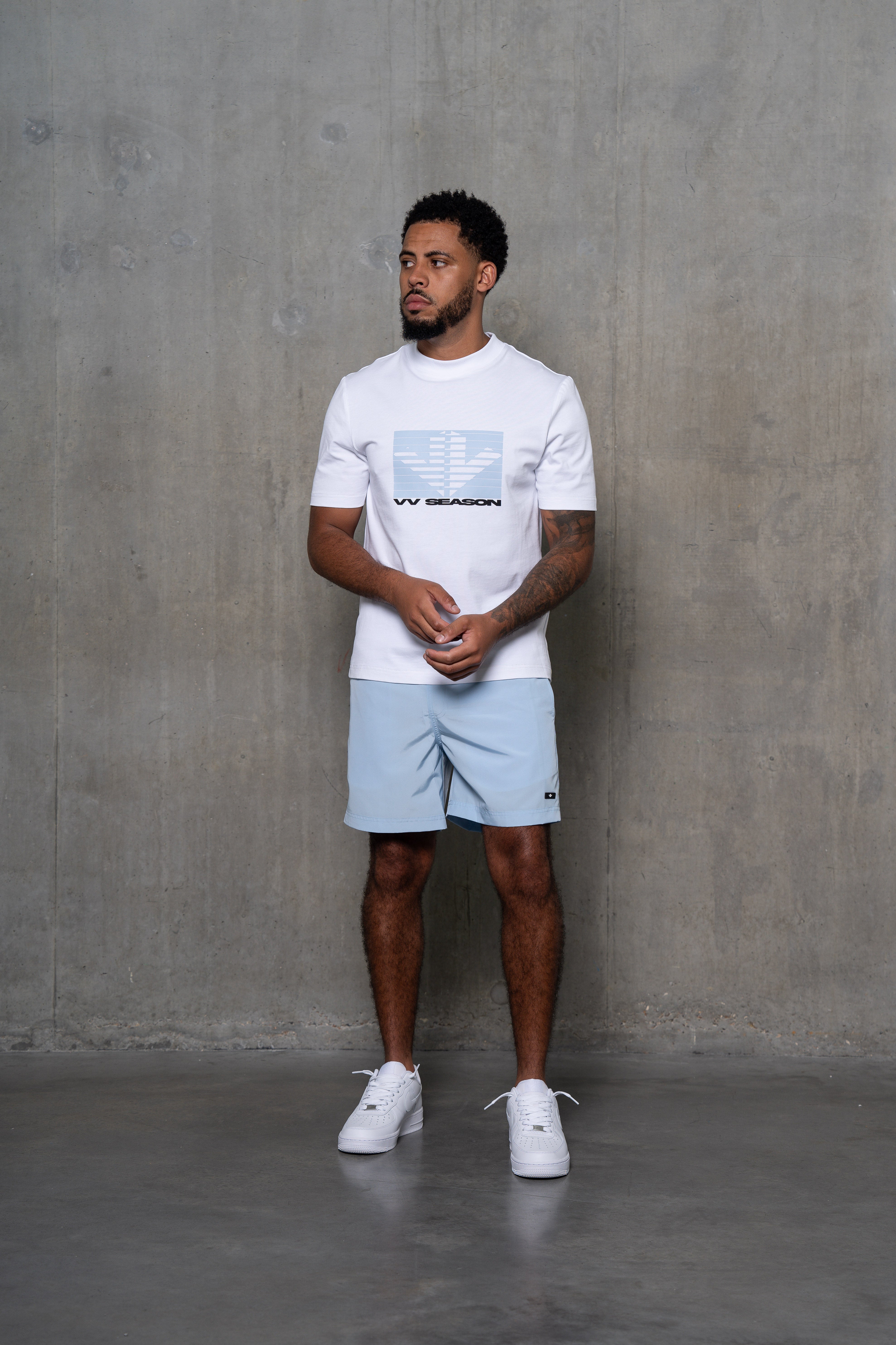 White Tee Baby Blue Shutter Logo