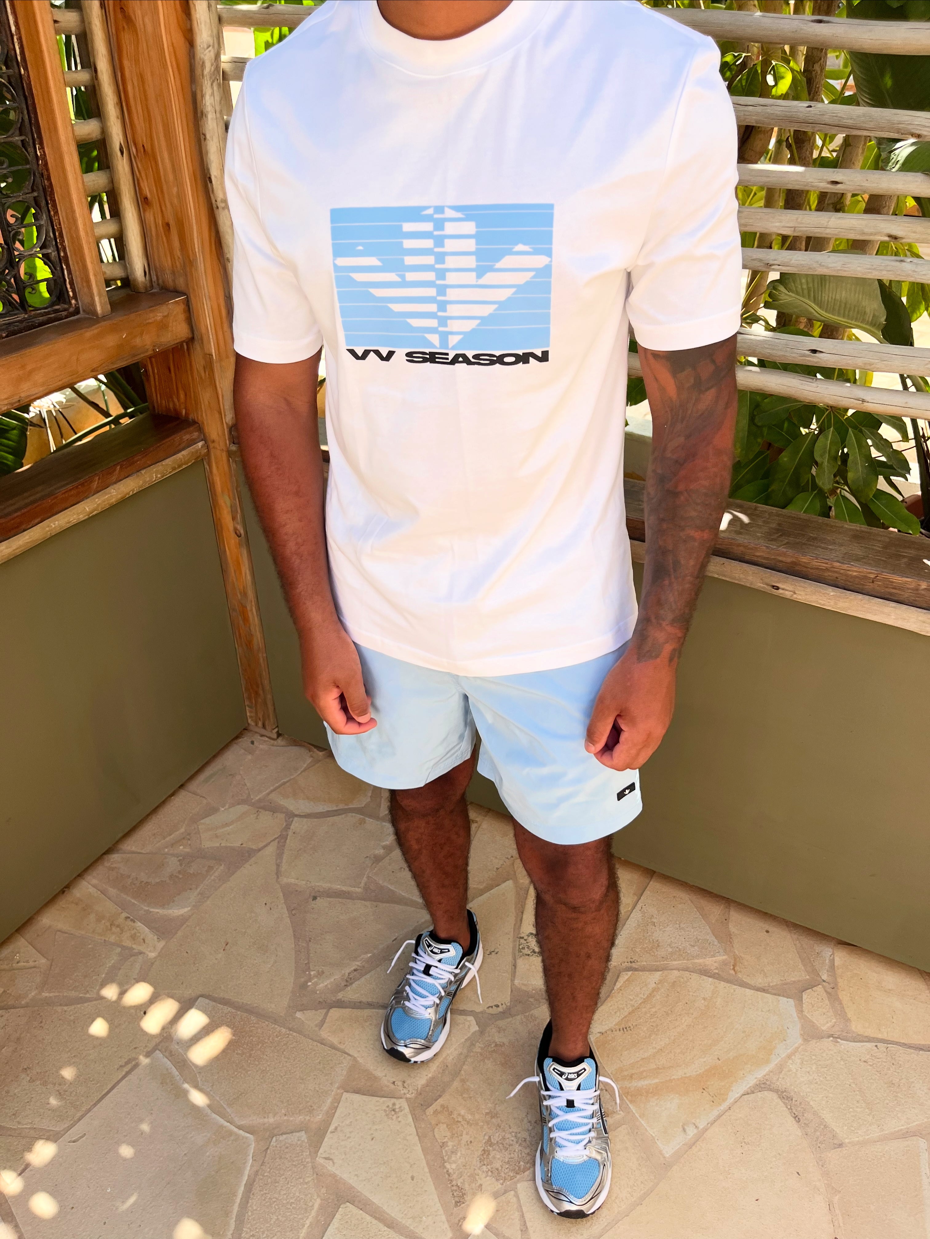 White Tee Baby Blue Shutter Logo
