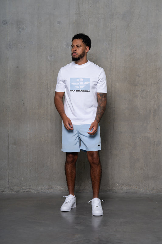 White Tee Baby Blue Shutter Logo