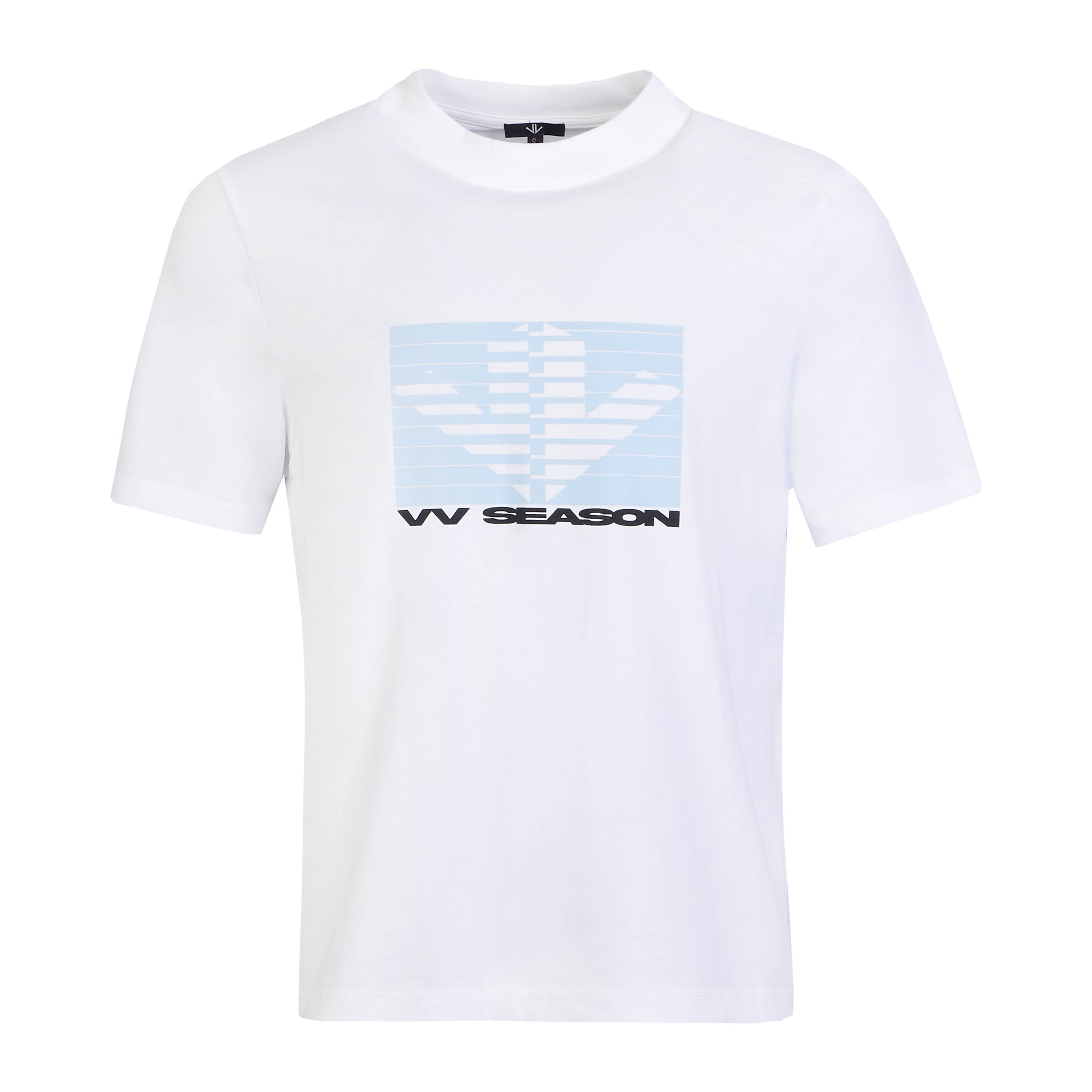 White Tee Baby Blue Shutter Logo