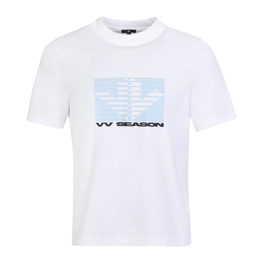 White Tee Baby Blue Shutter Logo